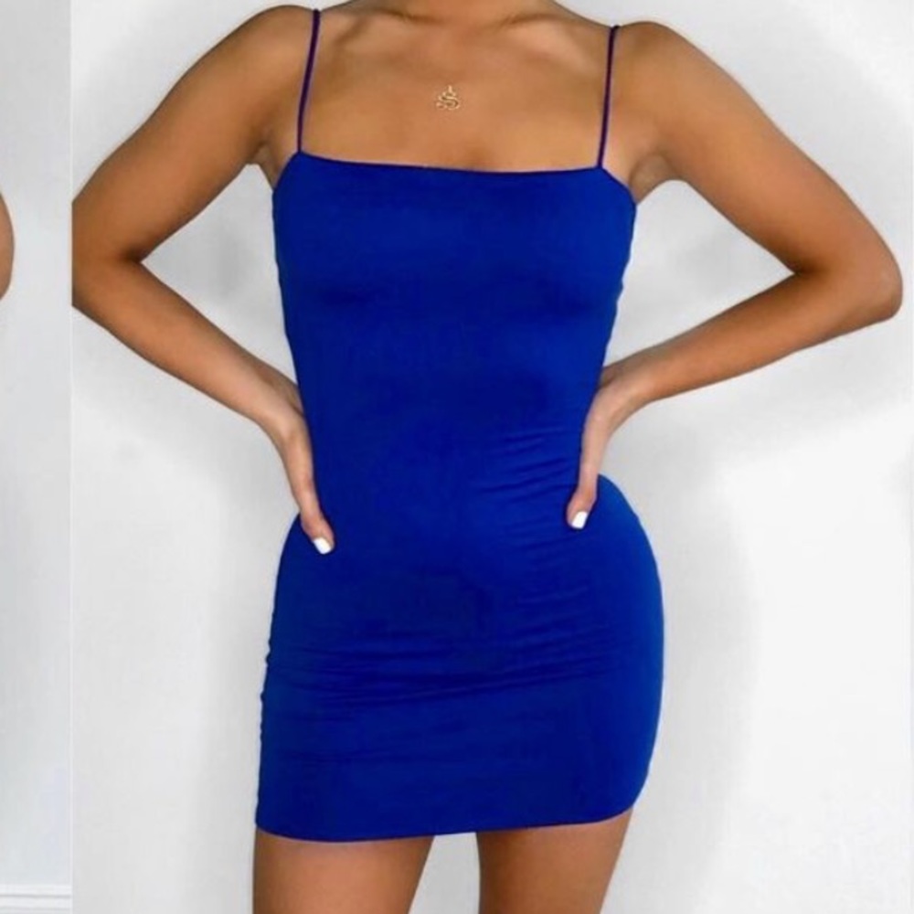 Blue spaghetti strap bodycon dress